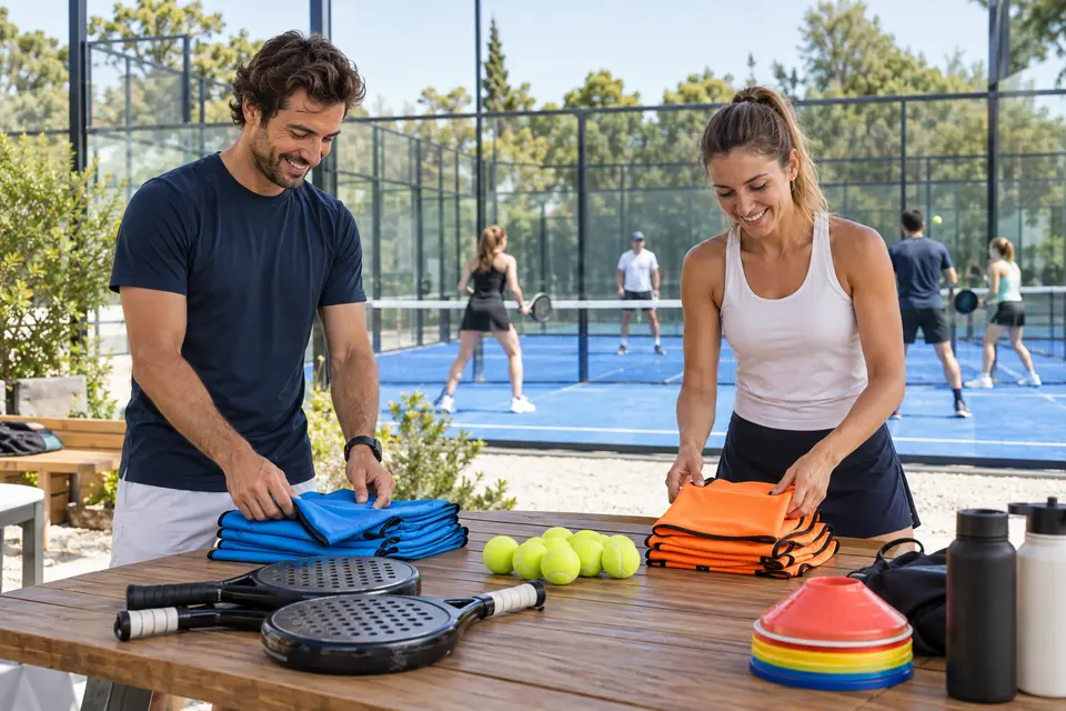 Illustrative Szene von Organisatoren, die eine gemeinschaftliche Padel-Veranstaltung vorbereiten